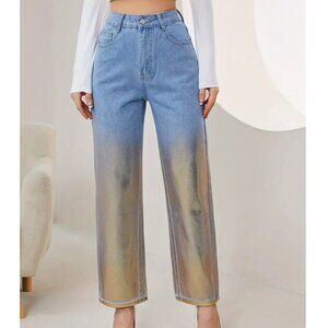 Women Jeans Foil Gold Hot Stamping Large Blue High Rise Straight Leg Relax Fit